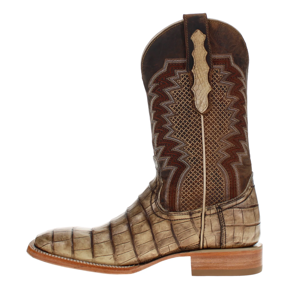 Full side view of brown cowboy boot with zigzag embroidery and diamond-pattern shaft