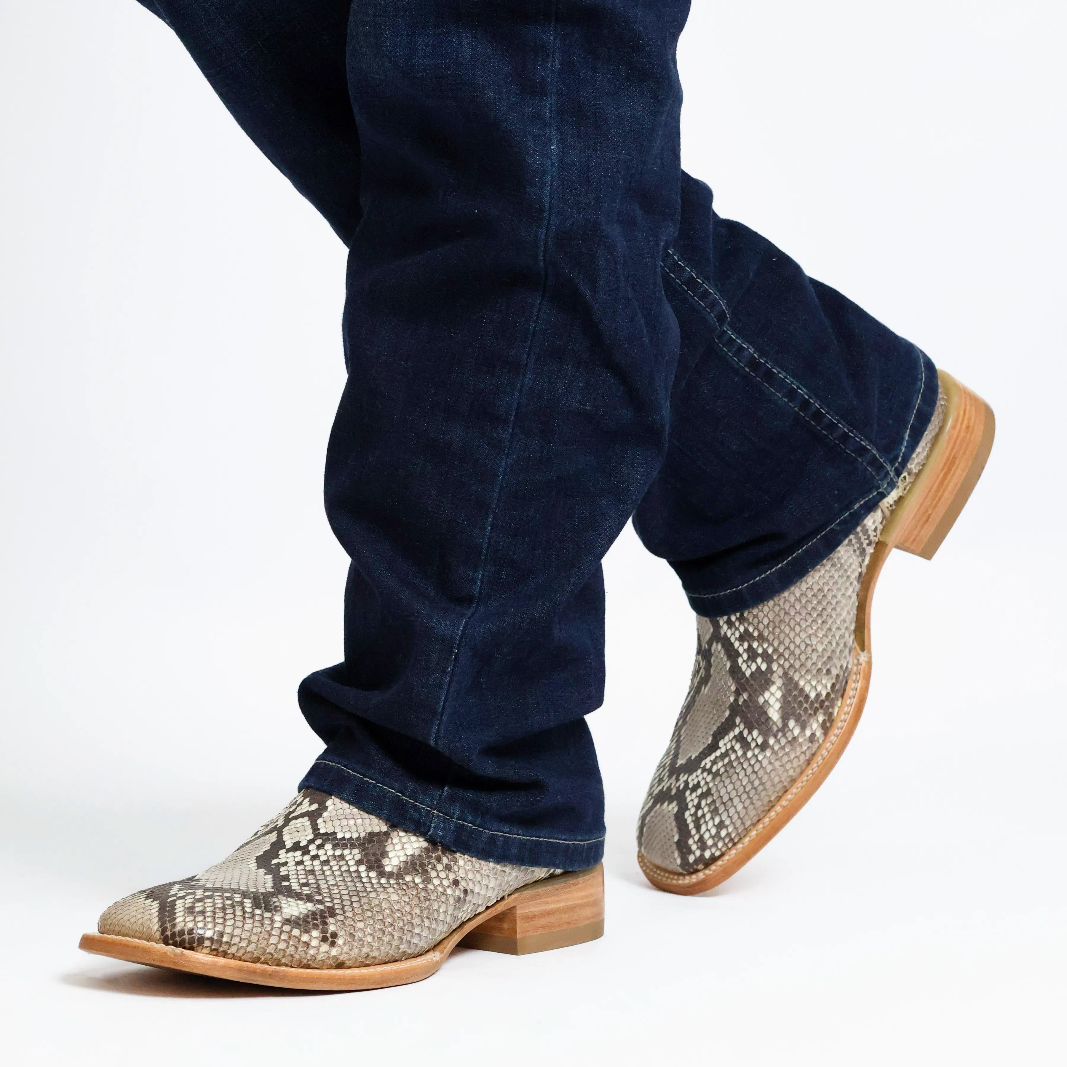 Men's Natural Python Square Toe Cowboy Boots with Inlays Walker by Vaccari