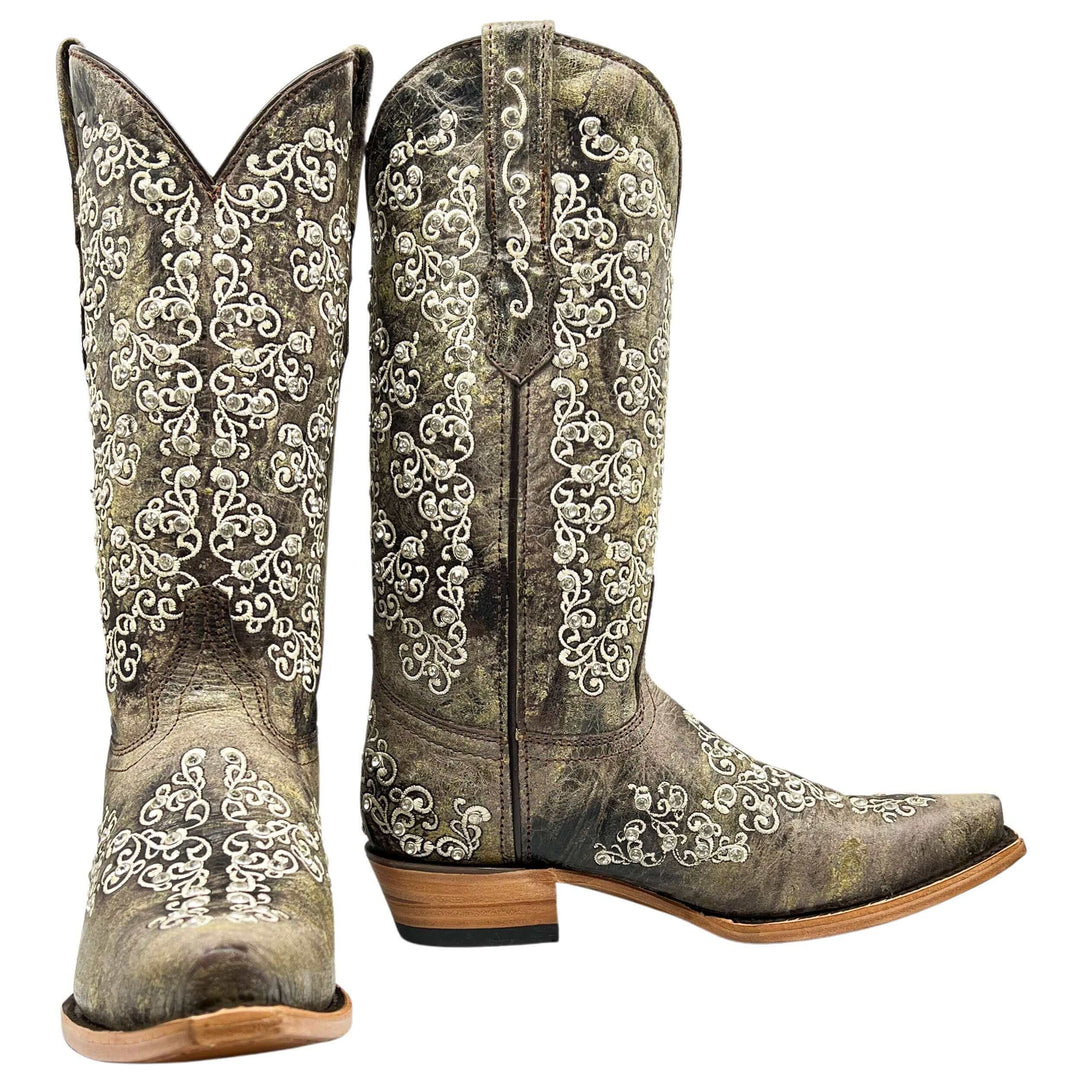 Women's Vaccari Distressed Brown Snip Toe Crystal Embellished Cowgirl Boots | Brooklyn