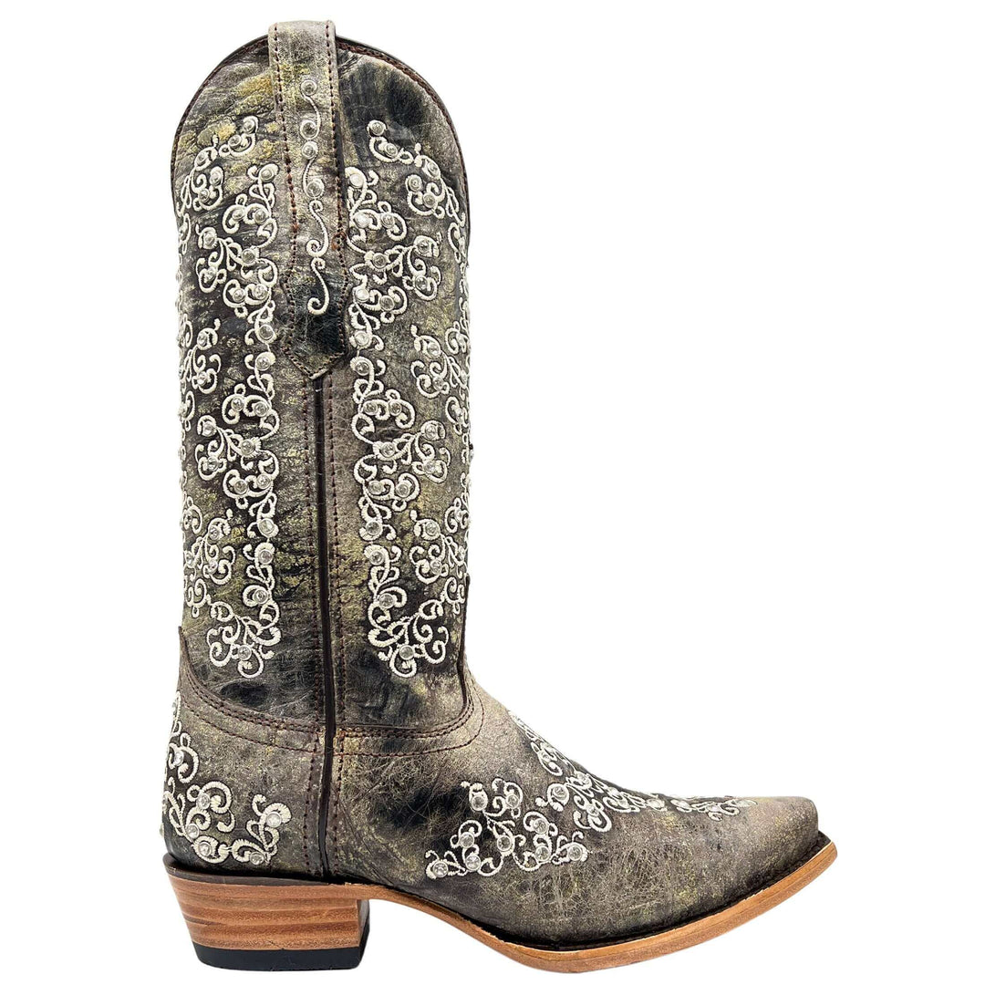 Women's Vaccari Distressed Brown Snip Toe Crystal Embellished Cowgirl Boots | Brooklyn