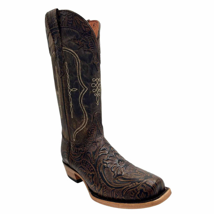 Women's Hand Tooled Floral Pattern Brown Cowgirl Boots by Vaccari #select-a-toe_narrow-square