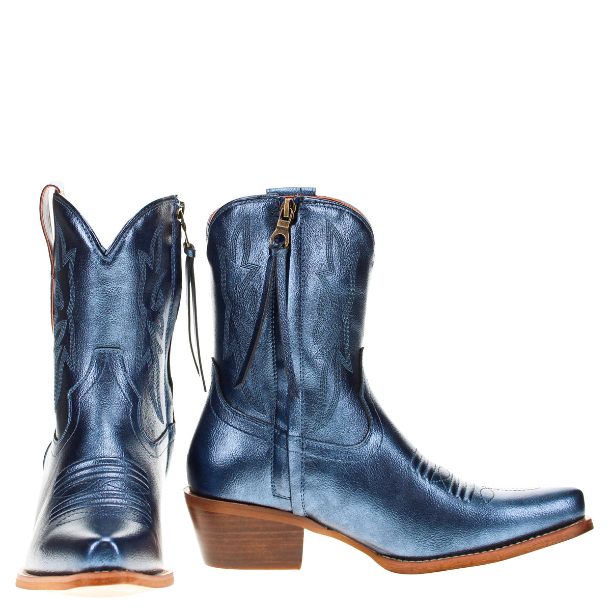 Pair of blue cowboy boots with pointed toes, side zippers, and brown stacked heels