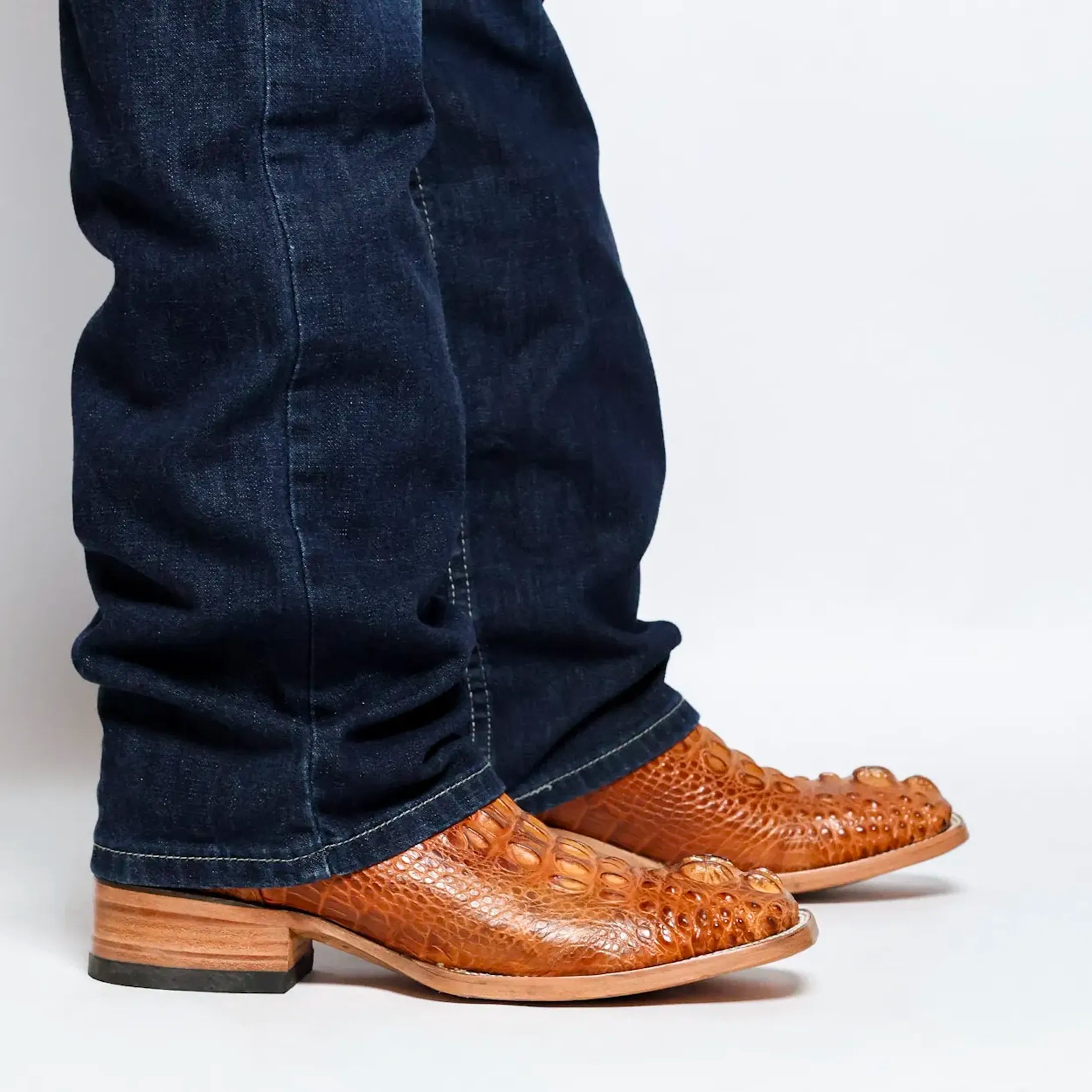 Men's Cognac American Alligator Headcut Broad Square Toe Boots Zane by Vaccari