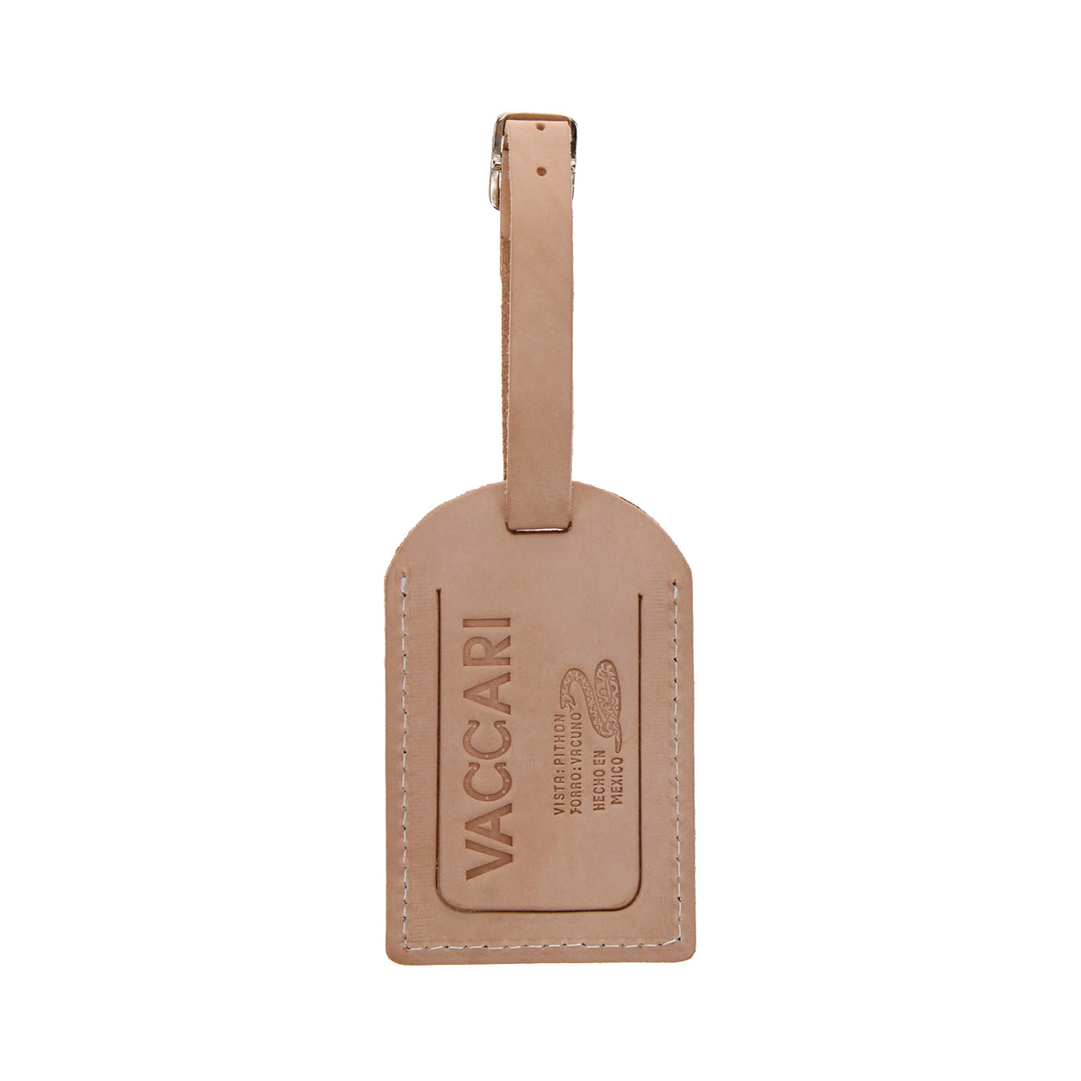 Tan leather luggage tag with vertical strap and rectangular front