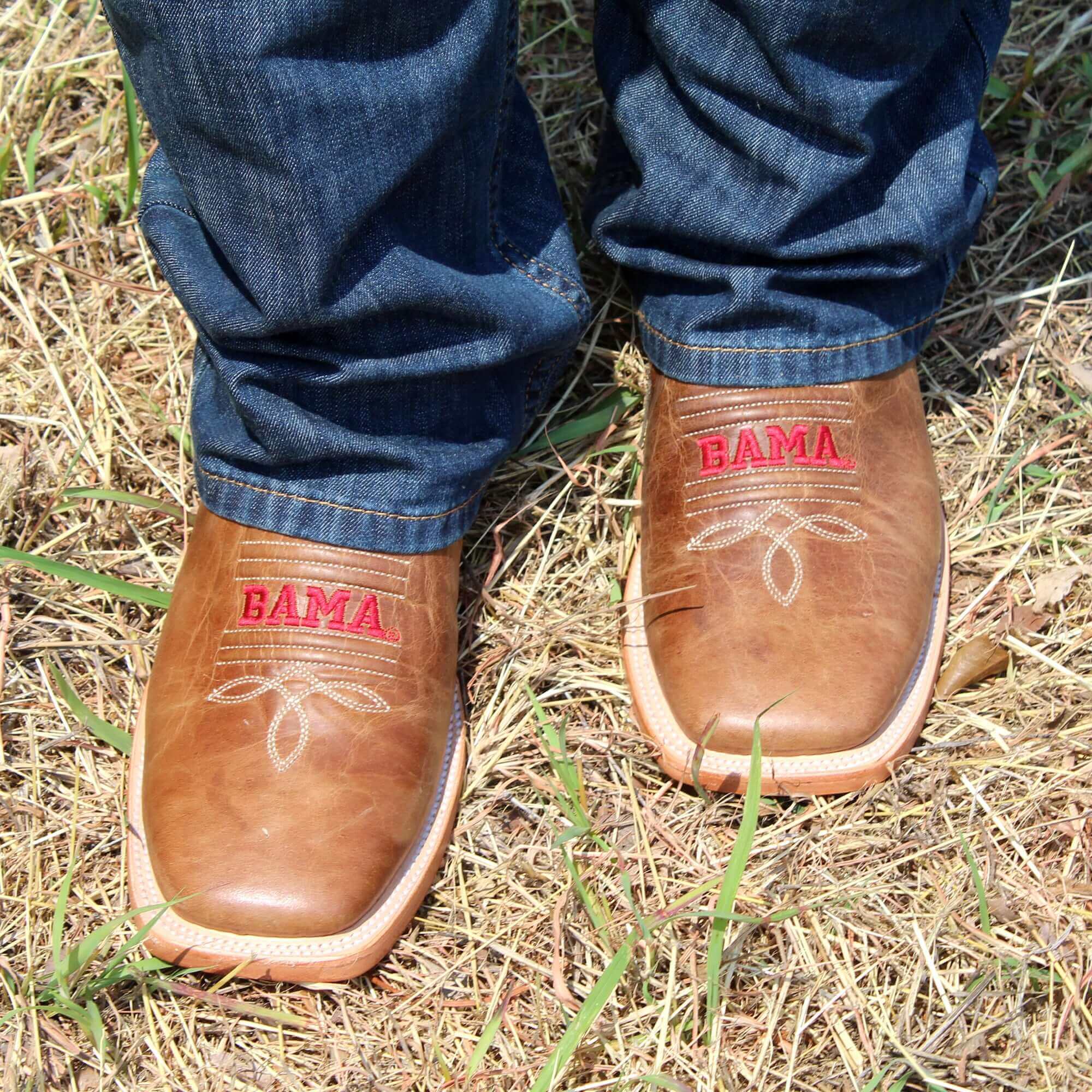 Men's University of Alabama Crimson Tide Tan Leather Square Toe Cowboy Boots by Vaccari