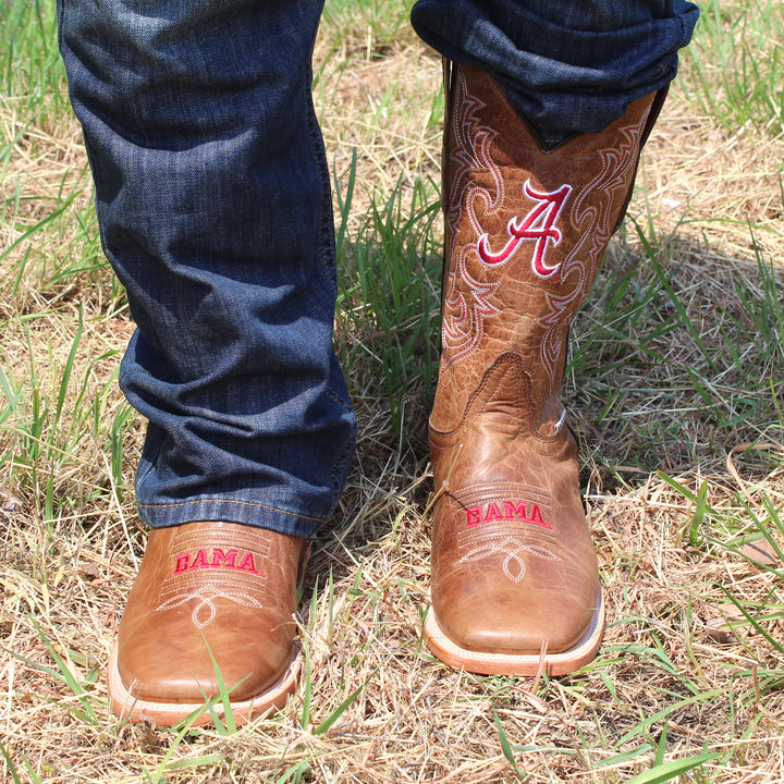 Men's University of Alabama Crimson Tide Tan Leather Square Toe Cowboy Boots by Vaccari