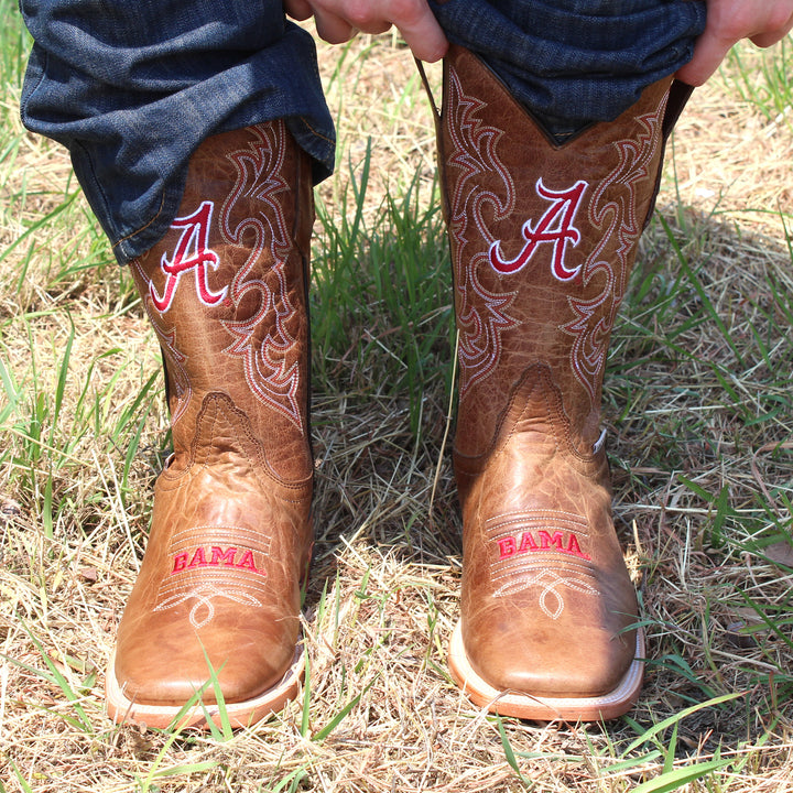 Men's University of Alabama Crimson Tide Tan Leather Square Toe Cowboy Boots by Vaccari