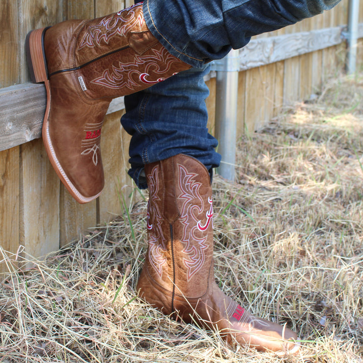 Men's University of Alabama Crimson Tide Tan Leather Square Toe Cowboy Boots by Vaccari