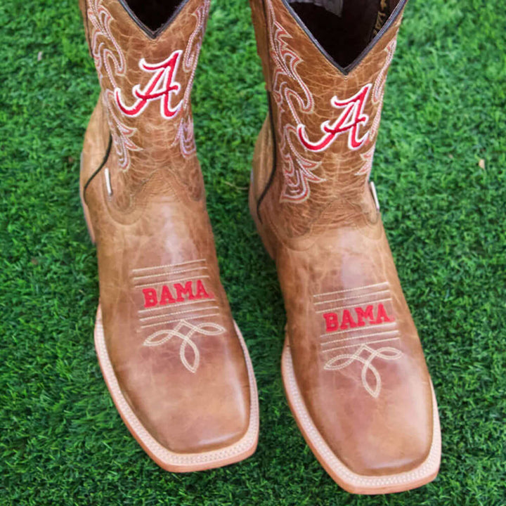 Men's University of Alabama Crimson Tide Tan Leather Square Toe Cowboy Boots by Vaccari