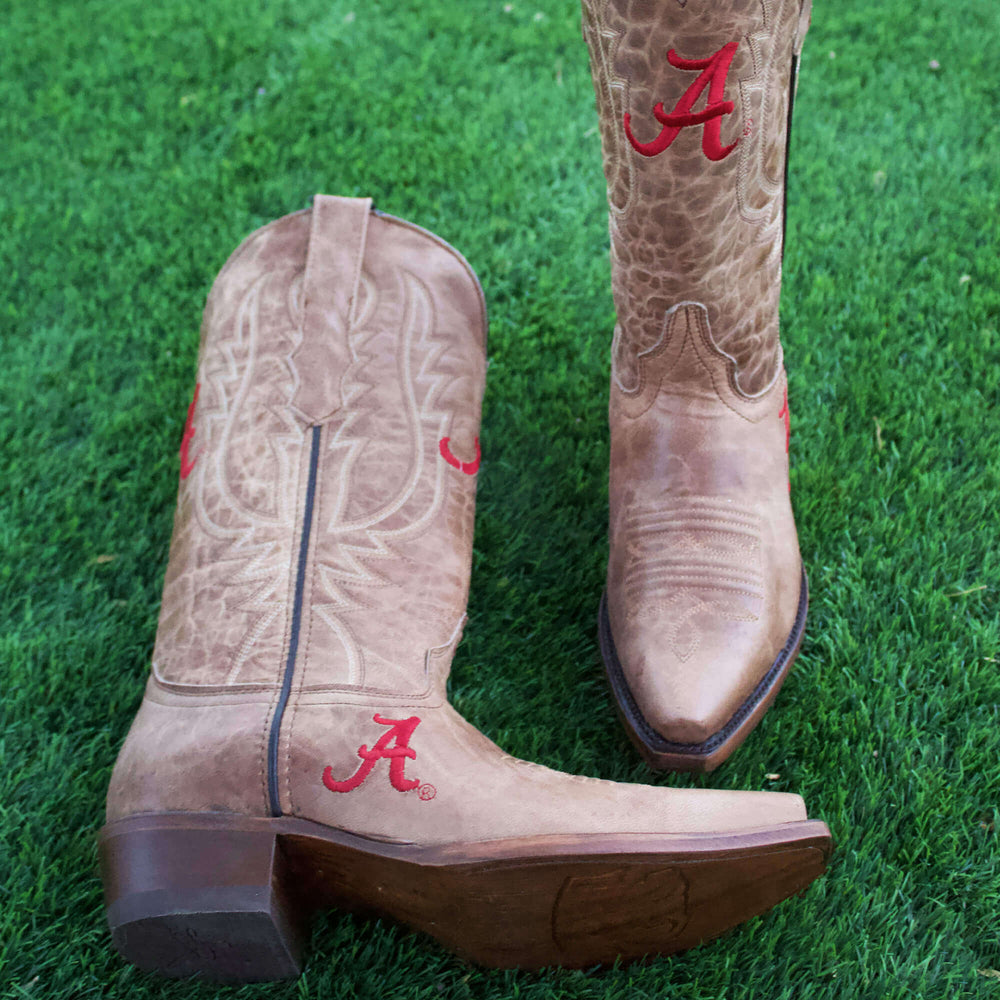 Women's University of Alabama Crimson Tide Tan Leather Snip Toe Cowgirl Boots by Vaccari