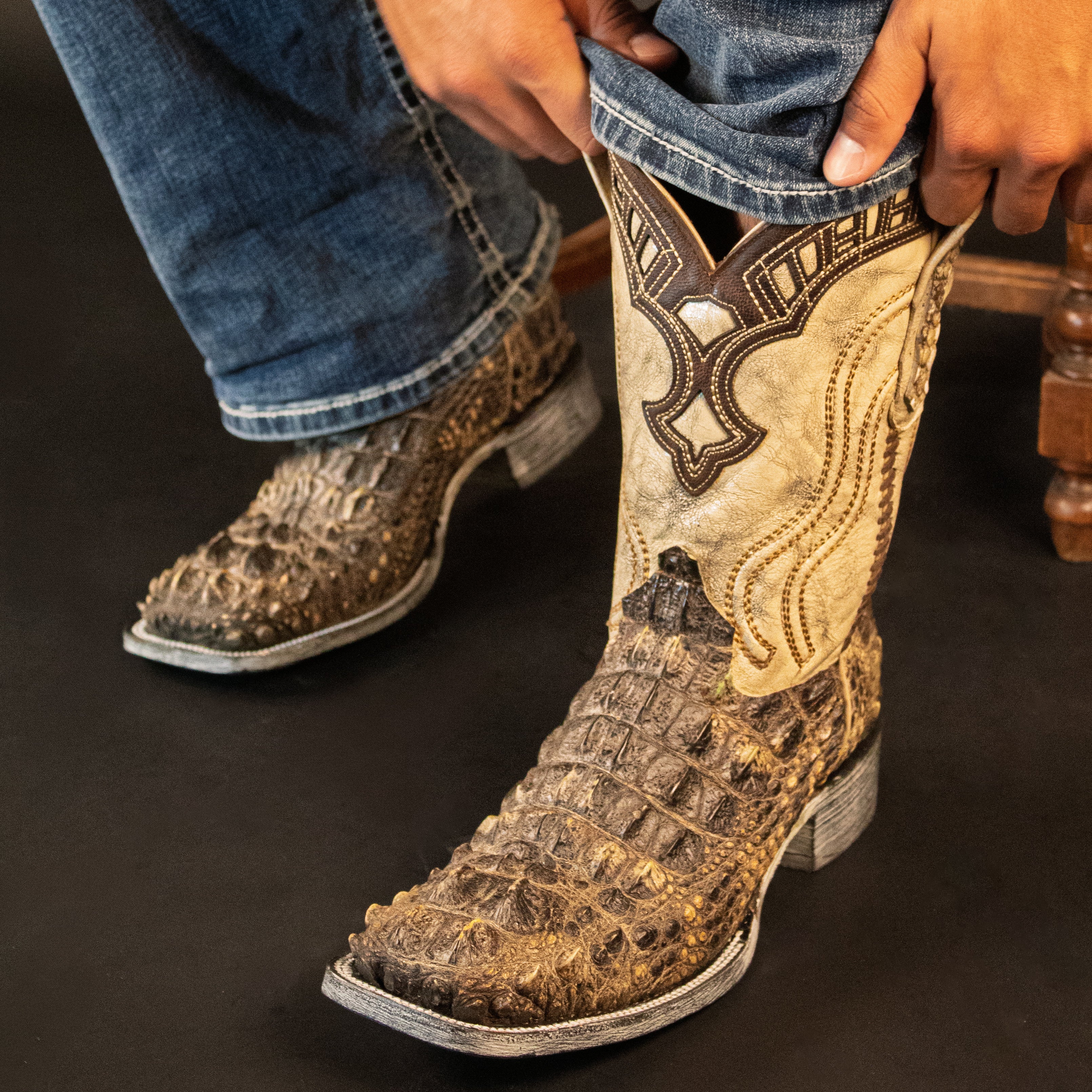 Mens Natural American Alligator Headcut Square Toe Cowboy Boots by Vaccari