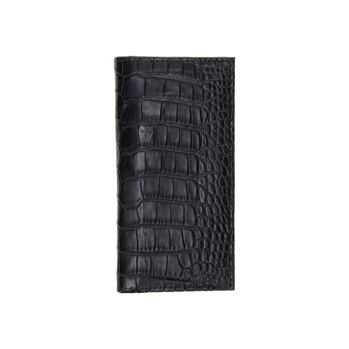 Black alligator-embossed checkbook wallet, front view with textured pattern