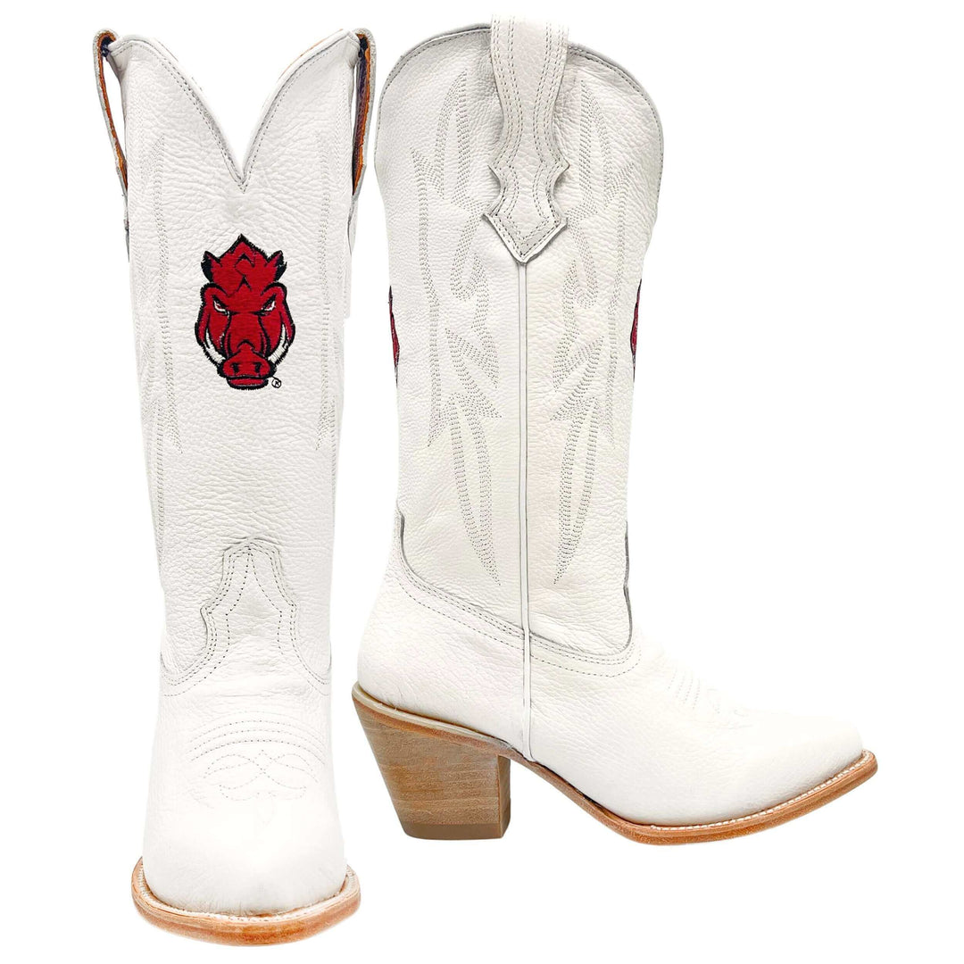 Women's University of Arkansas Razorbacks All White Pointed Toe Cowgirl Boots Leighton by Vaccari