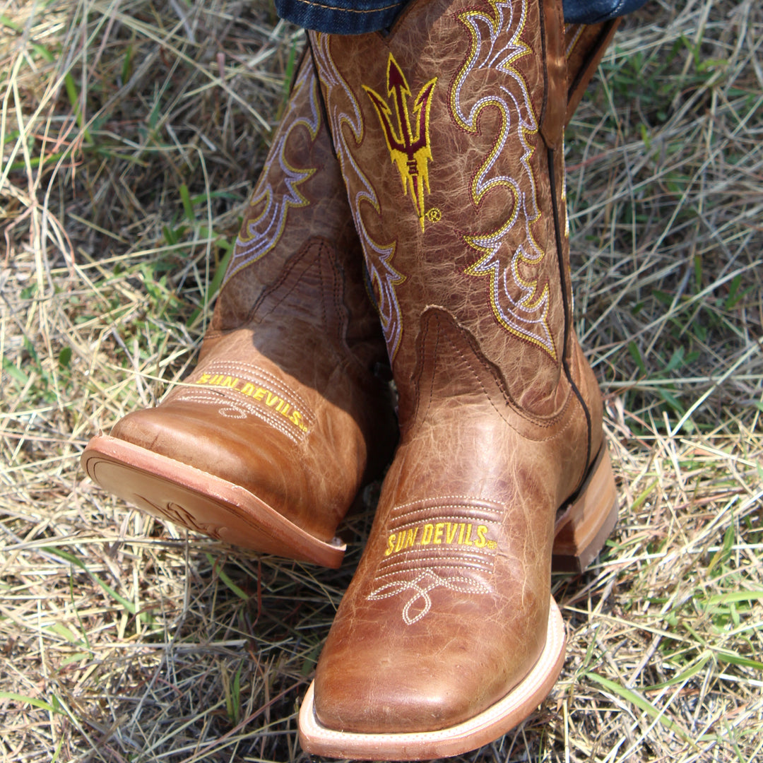 Men's Arizona State University Sundevils Tan Leather Square Toe Cowboy Boots by Vaccari