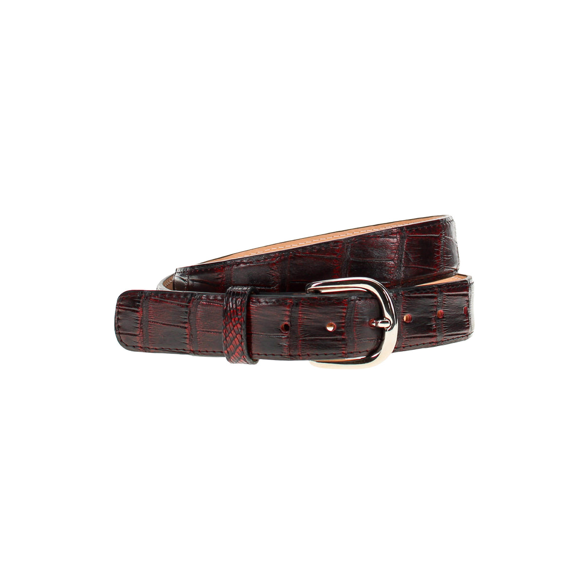 Alligator-embossed leather belt with dark brown strap and metal buckle