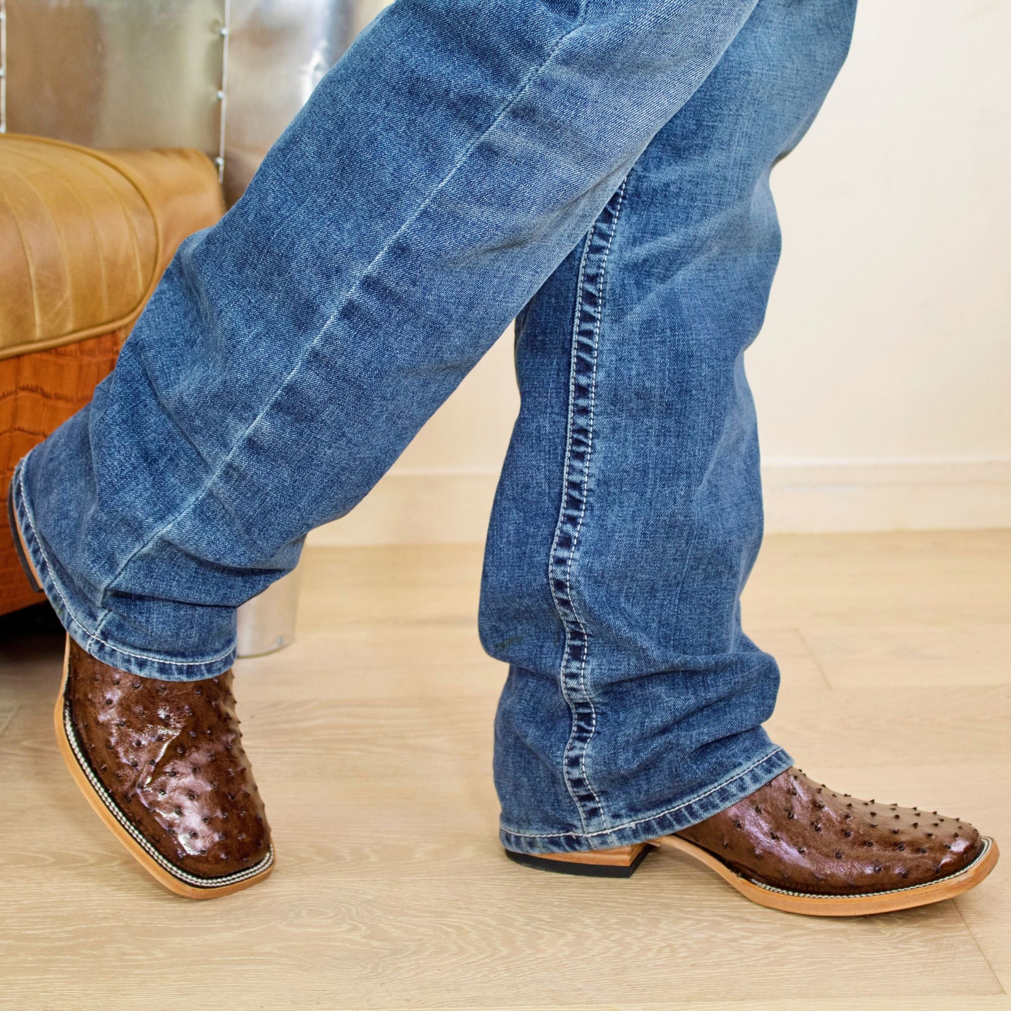 Mens Vaccari Mocha Full Quill Ostrich Broad Square Toe Boots