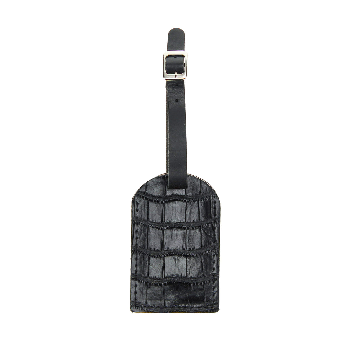 Black alligator-embossed luggage tag with metal buckle and hanging strap