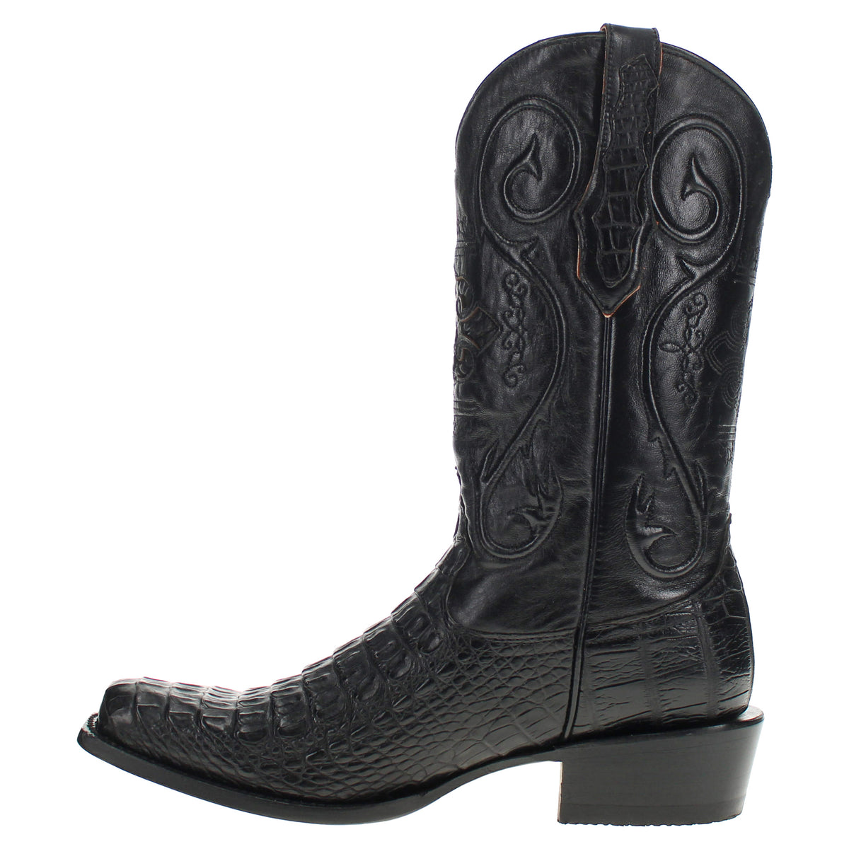 Black cowboy boot with embossed floral and swirl detailing on the shaft and quarters.