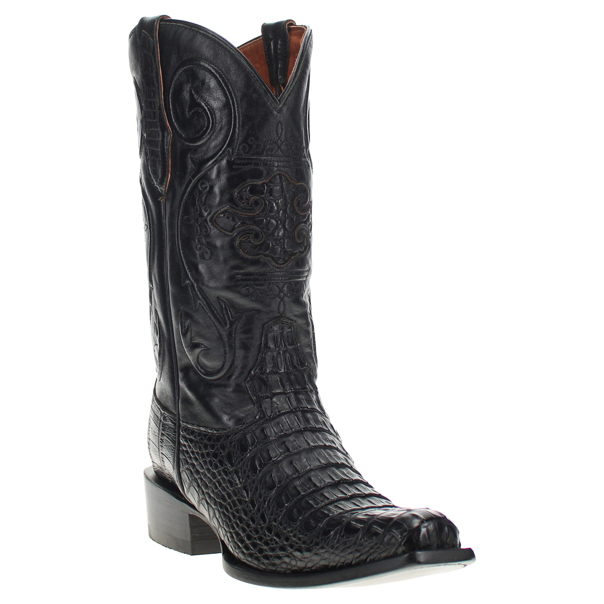 Black western cowboy boots with decorative overlays and low stacked heel.