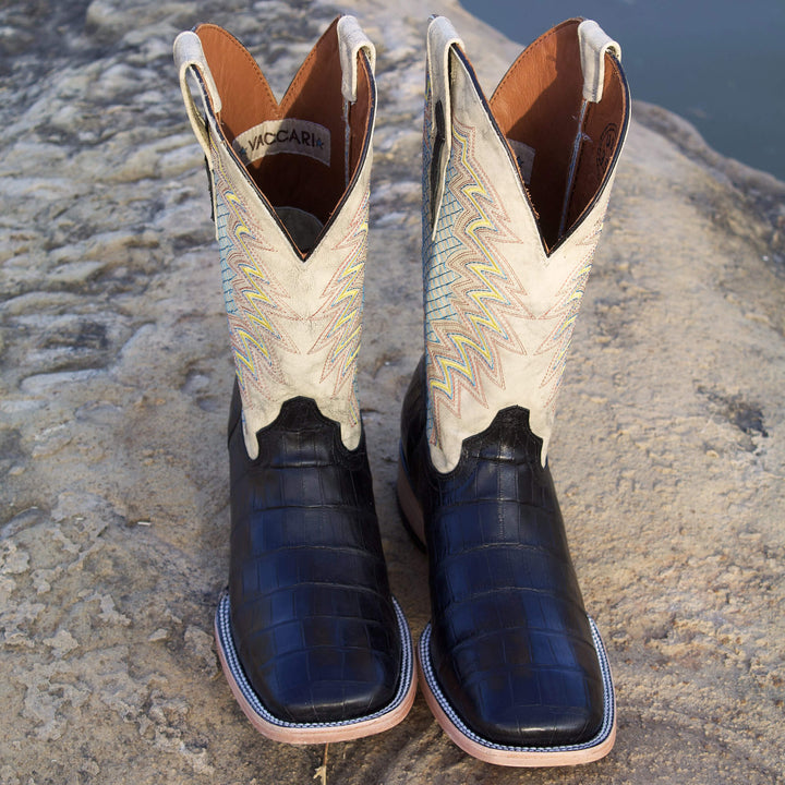 Mens Black American Alligator Belly Tail Square Toe Cowboy Boots That Looks Similar to Caiman by Vaccari