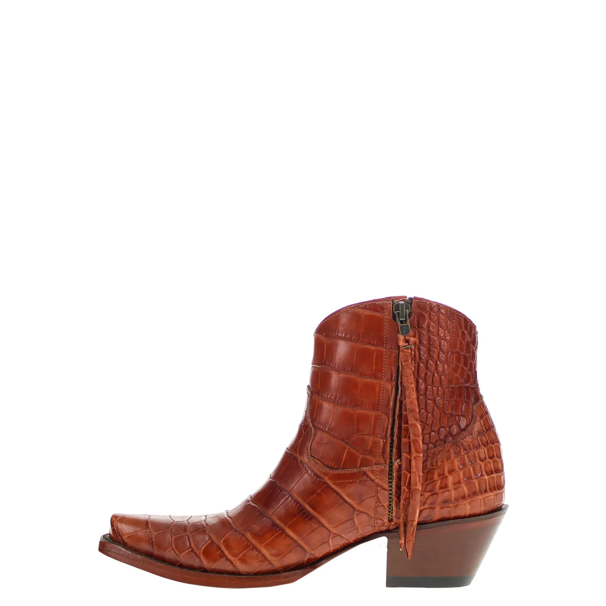 cognac alligator belly leather cowboy boots, brown, side zipper and stacked heel