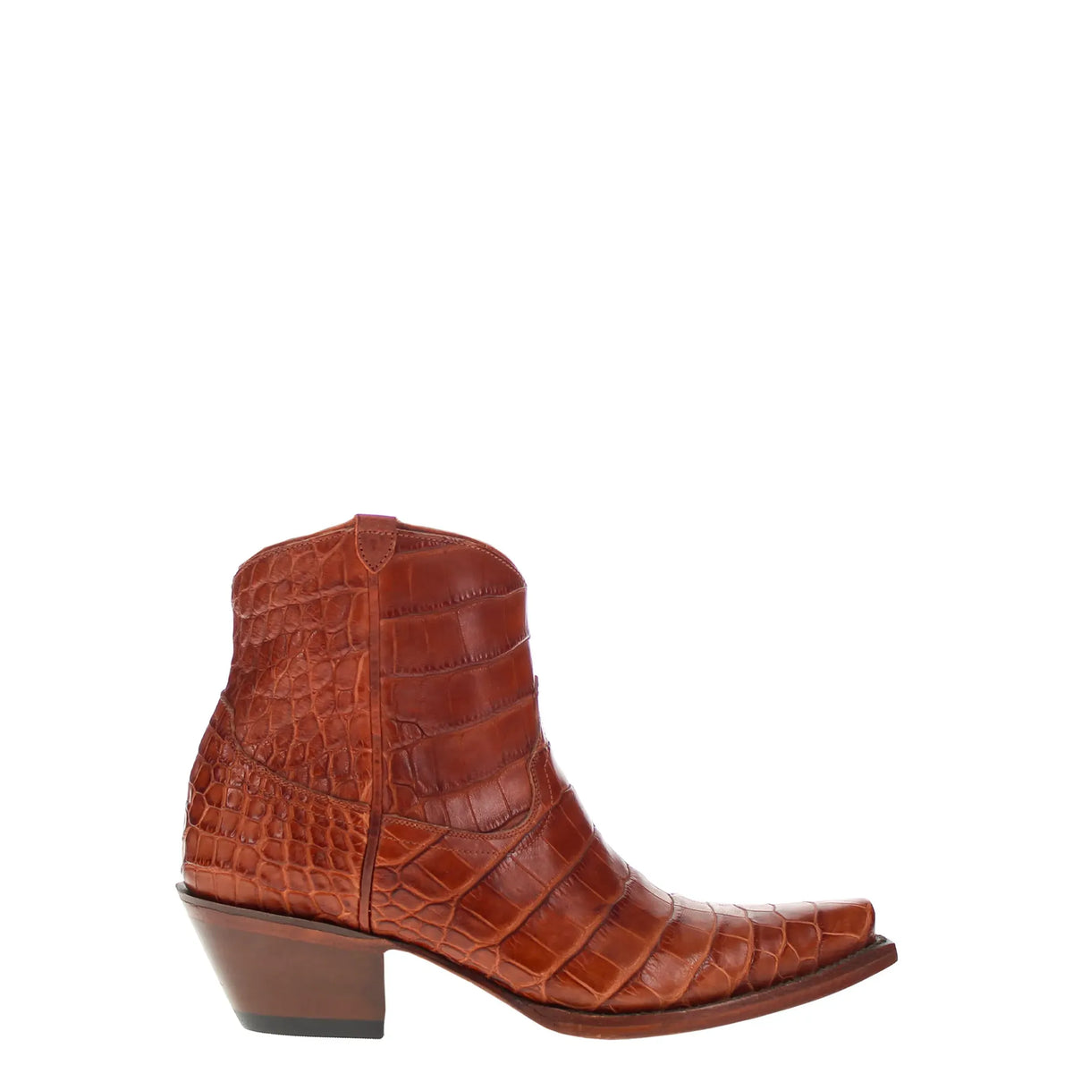cognac alligator belly leather ankle boots, brown, V-stitch detail and side zipper
