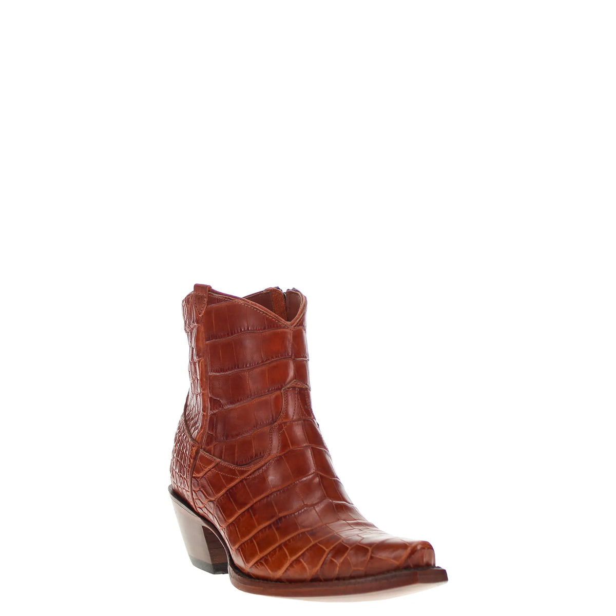 cognac alligator belly leather ankle boots, brown, low stacked heel and pointed toe