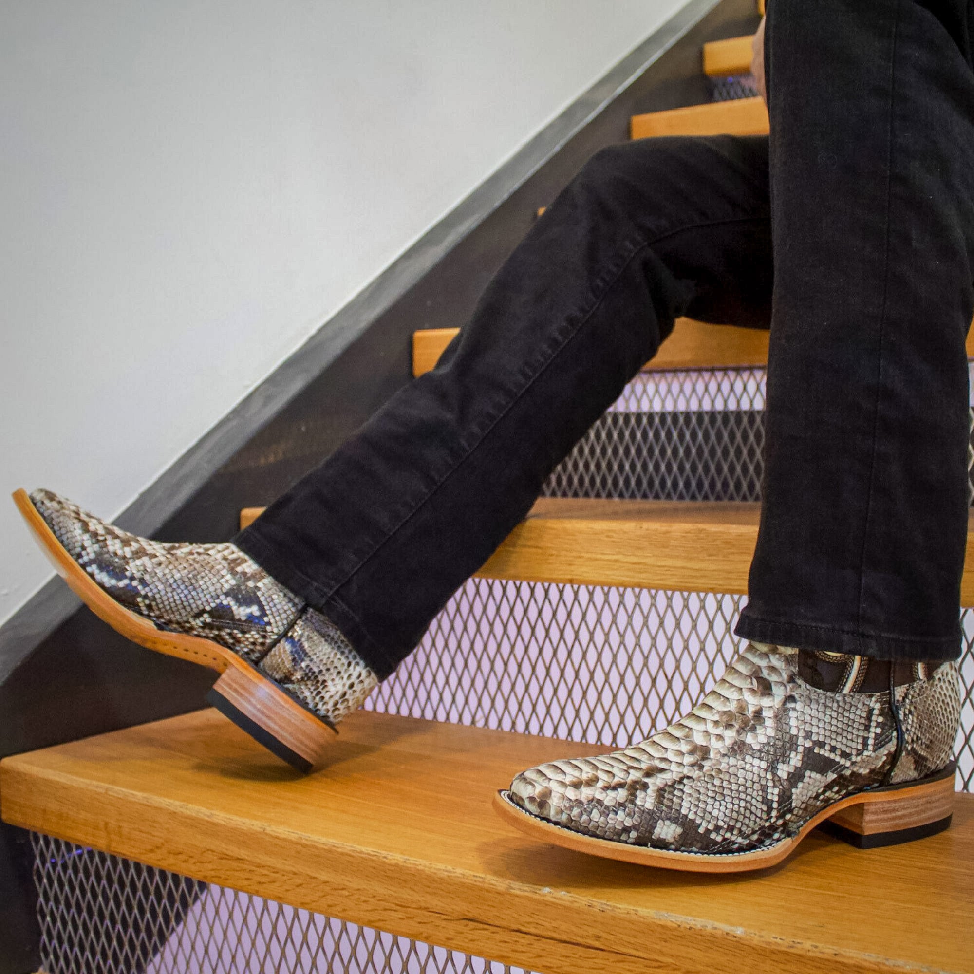 Men's Natural Python Cowboy Boots Crockett Square Toe by Vaccari Core