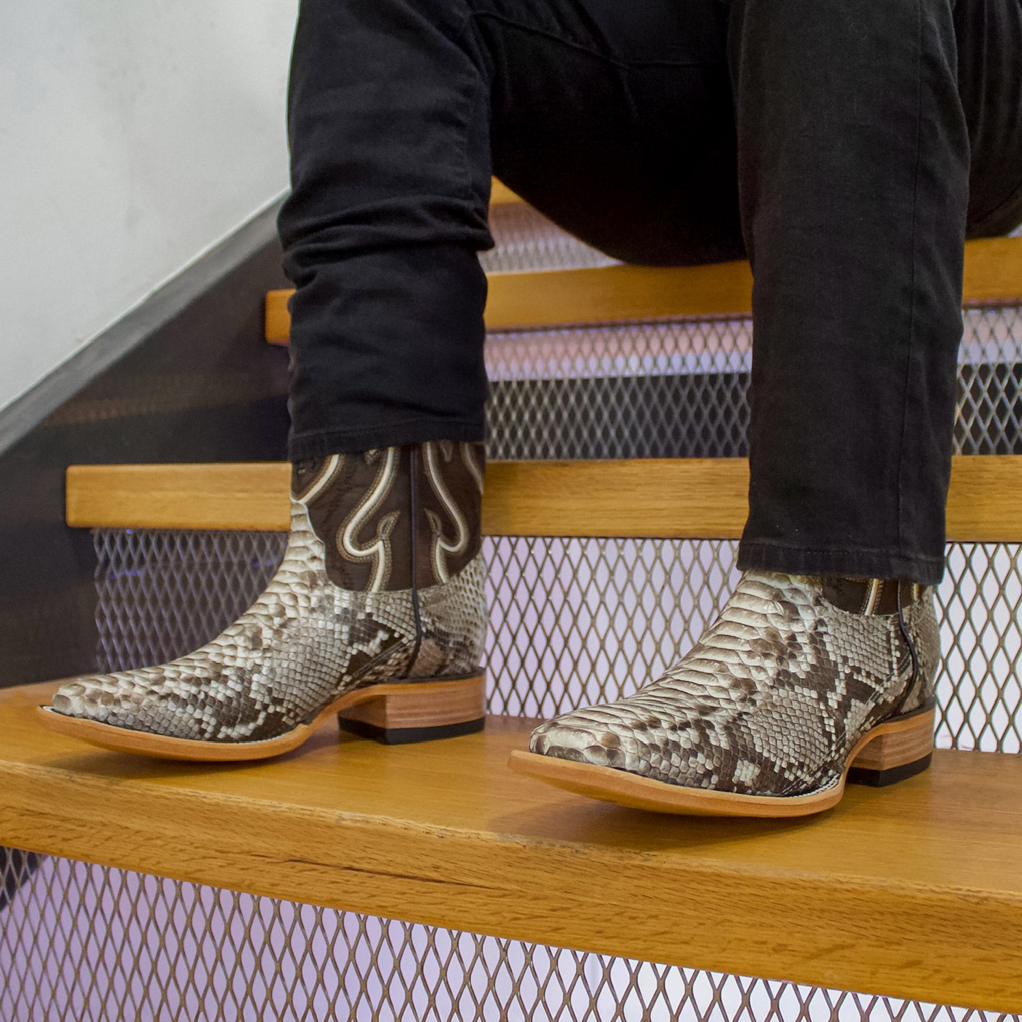 Men's Natural Python Cowboy Boots Crockett Square Toe by Vaccari Core