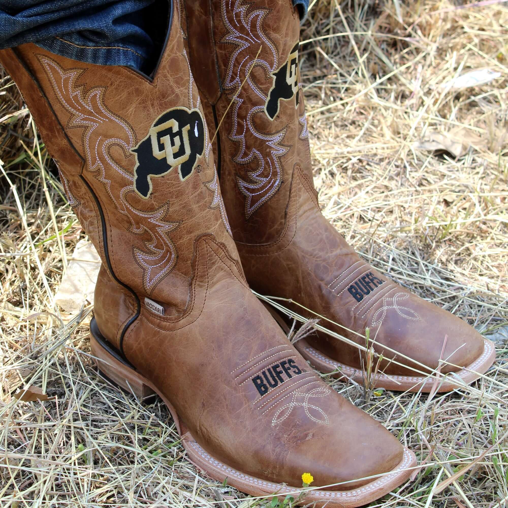 Men's University of Colorado Tan Sqaure Toe Cowboy Boots by Vaccari