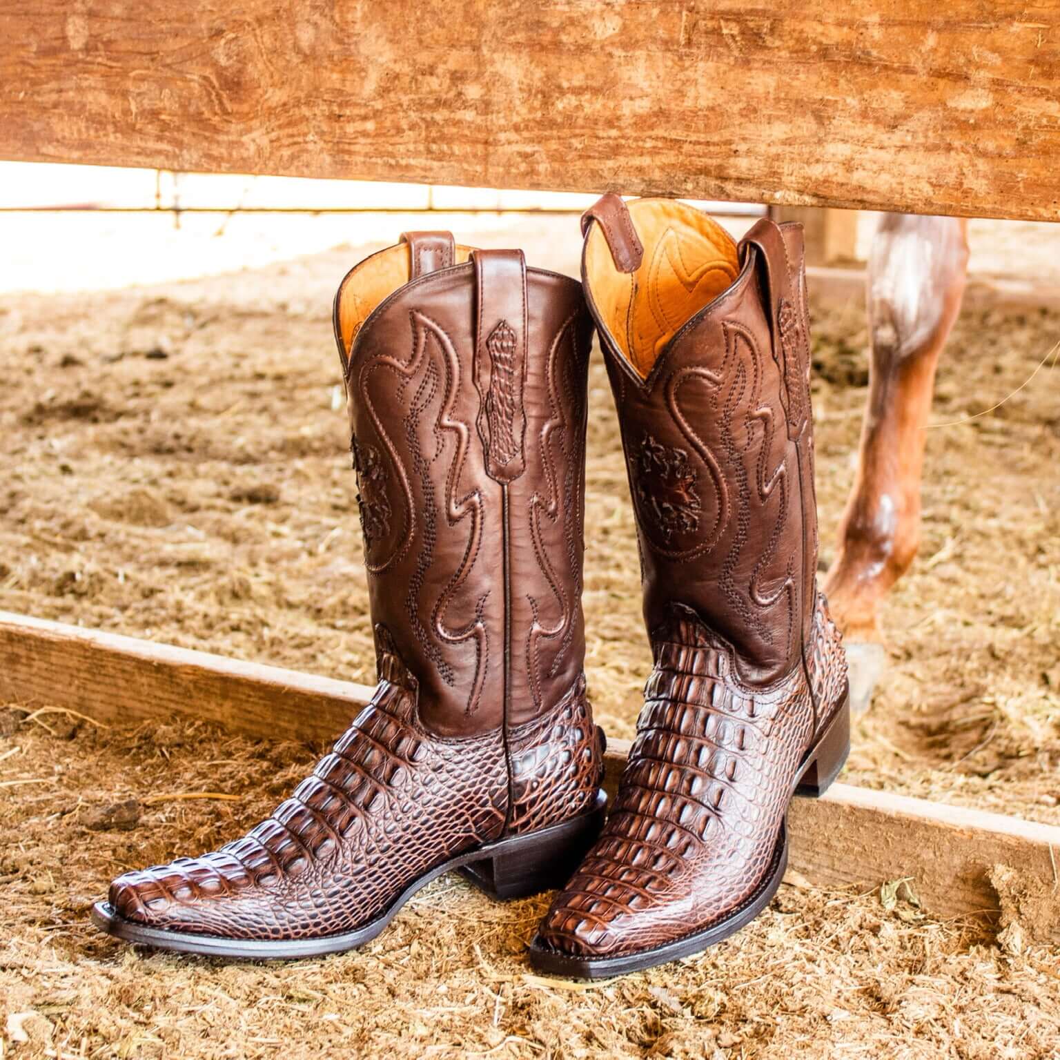 Men's Mocha American Alligator Hornback Boots With Inlays by Vaccari