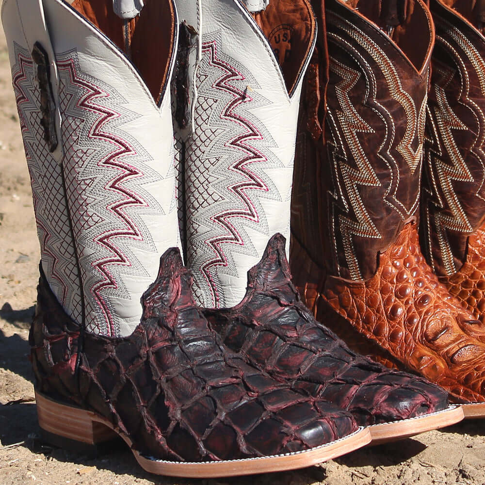 Men's Exotic Desert Brown Pirarucu Square Toe Cowboy Boots