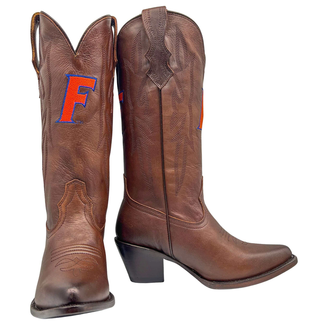 Women's University of Florida Gators Cowgirl Boots | UF Brown Pointed Toe Less Than Prefect Boots | Officially Licensed | Chelsie