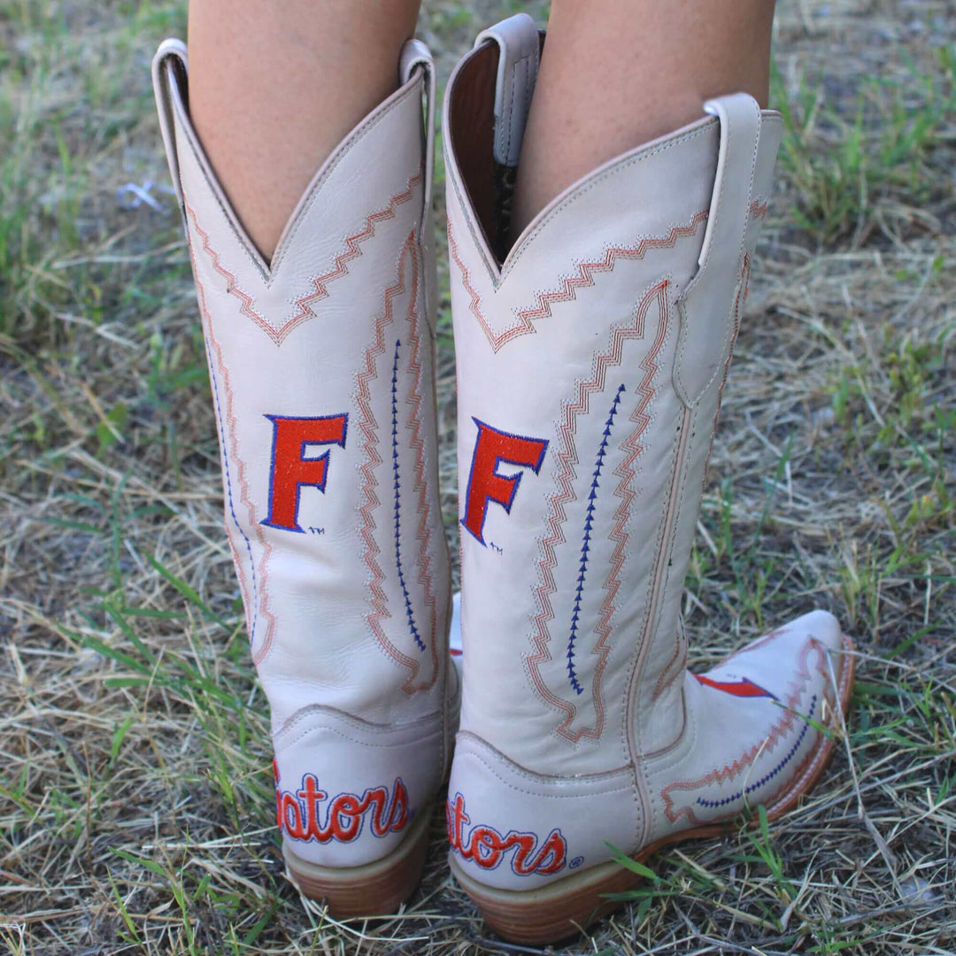 Women's University of Florida Gators Bone Leather Cowgirl Snip Toe Boots by Vaccari