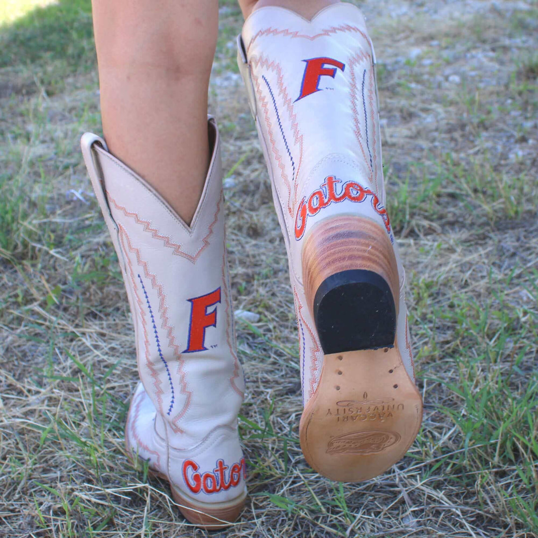 Women's University of Florida Gators Bone Leather Cowgirl Snip Toe Boots by Vaccari