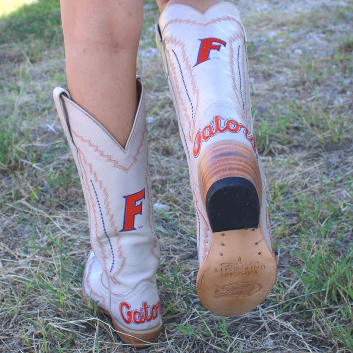 Women's University of Florida Gators Bone Leather Cowgirl Snip Toe Boots by Vaccari