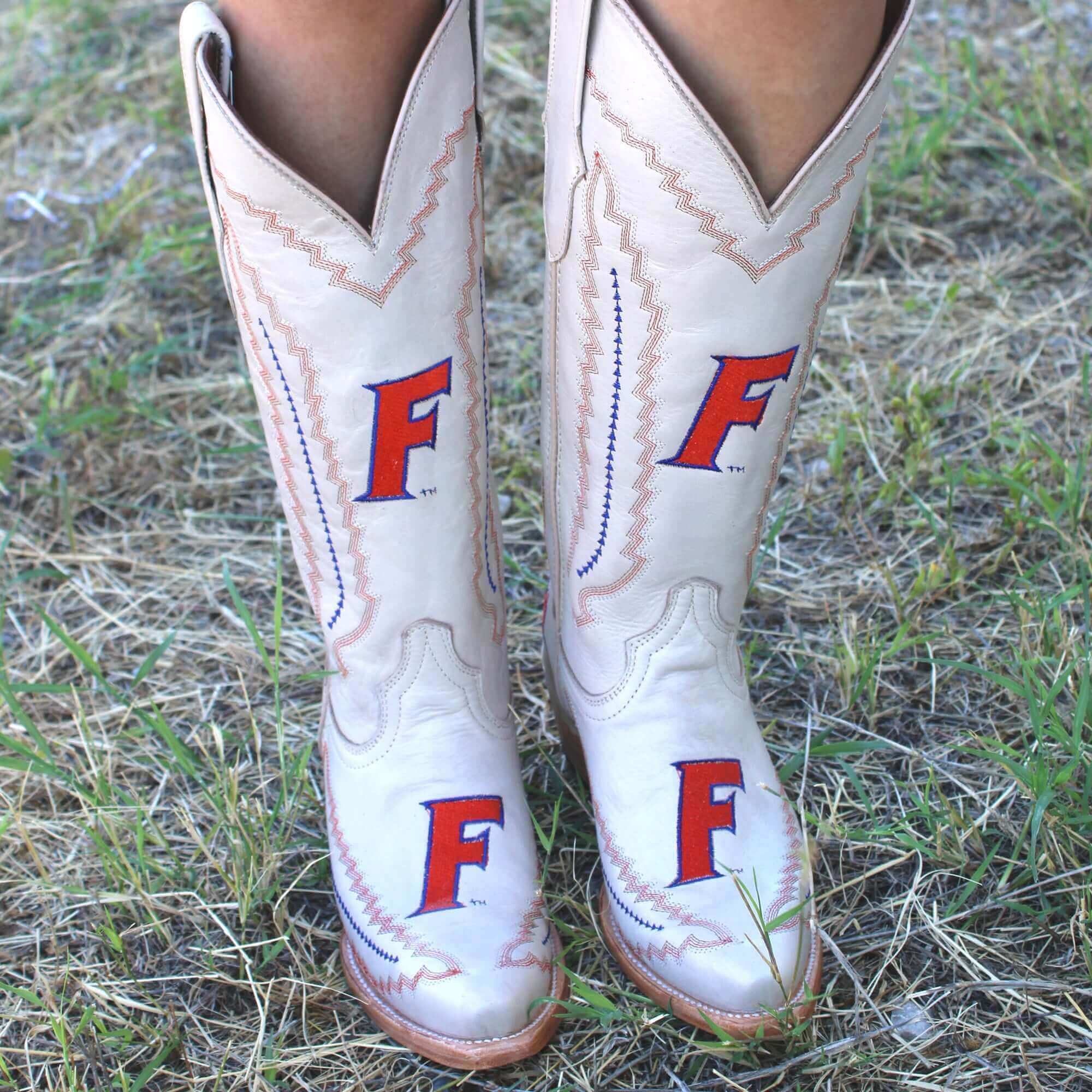 Women's University of Florida Gators Bone Leather Cowgirl Snip Toe Boots by Vaccari