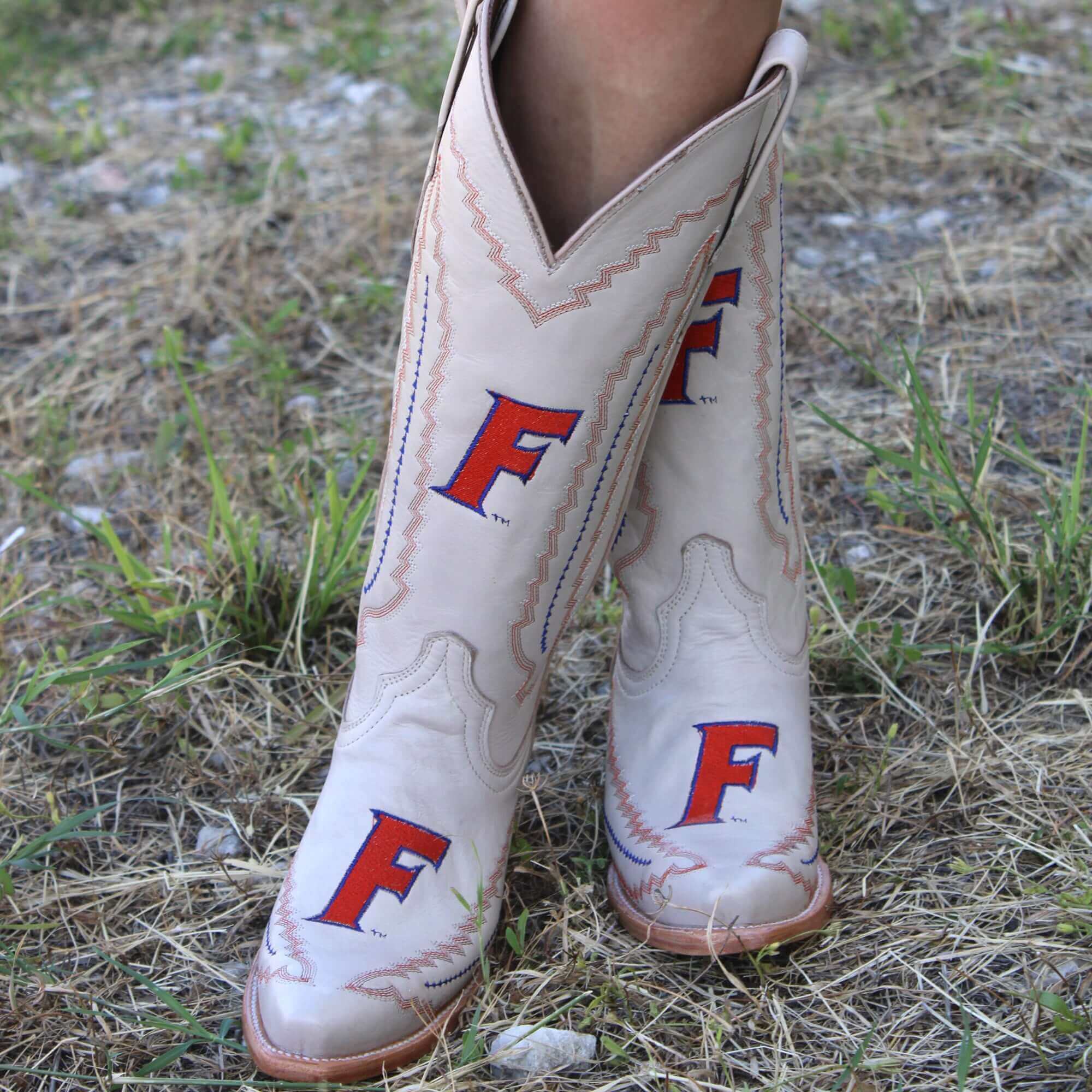 Women's University of Florida Gators Bone Leather Cowgirl Snip Toe Boots by Vaccari