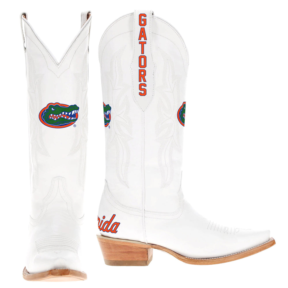 White cowgirl boot with Florida Gators logo on the shaft, gators on the pull strap, and Florida on the heel.