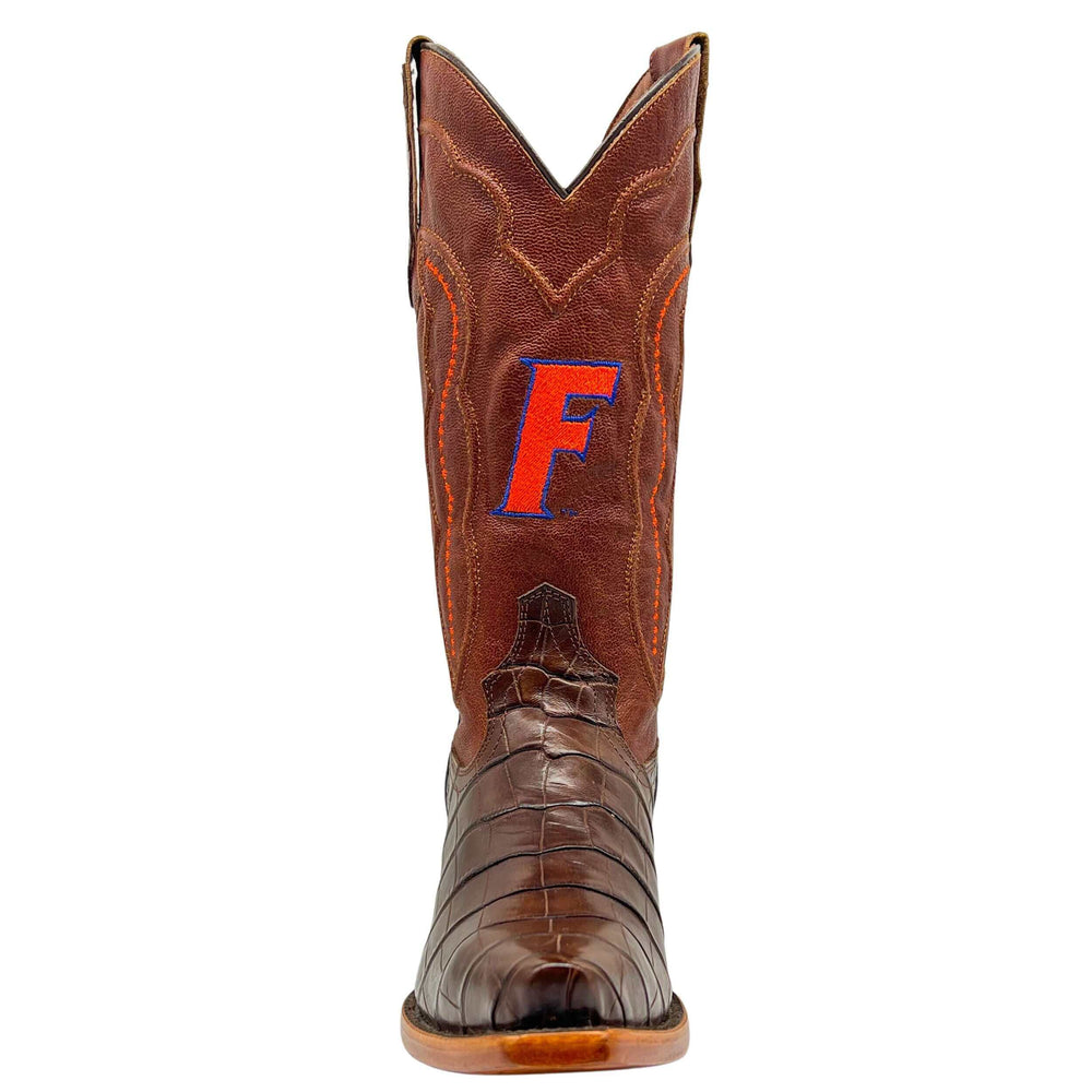 Women's University of Florida Gators Brown American Alligator Snip Toe Cowgirl Boots Olivia by Vaccari