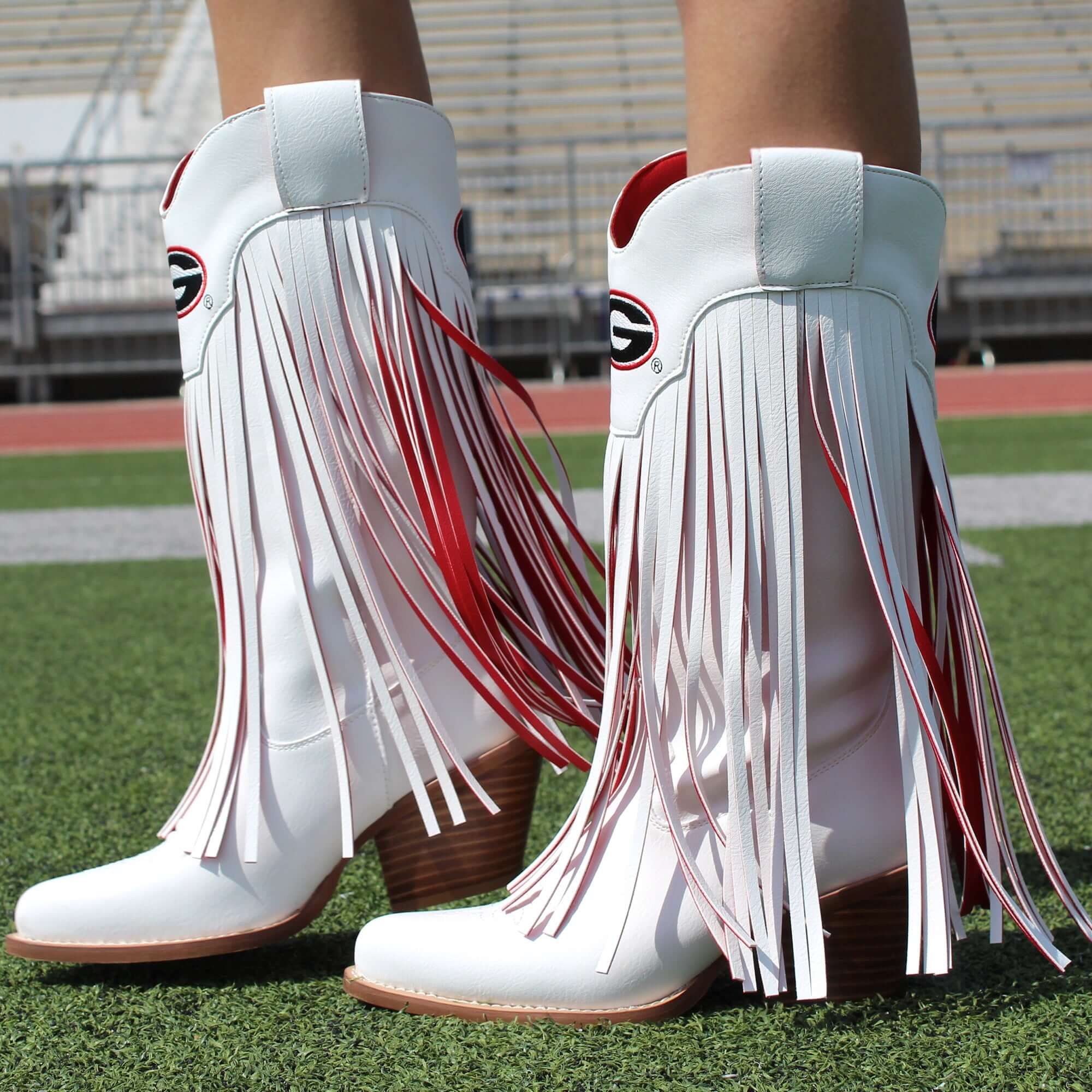 University of Georiga Kacey White Fringe Boot by V By Vaccari