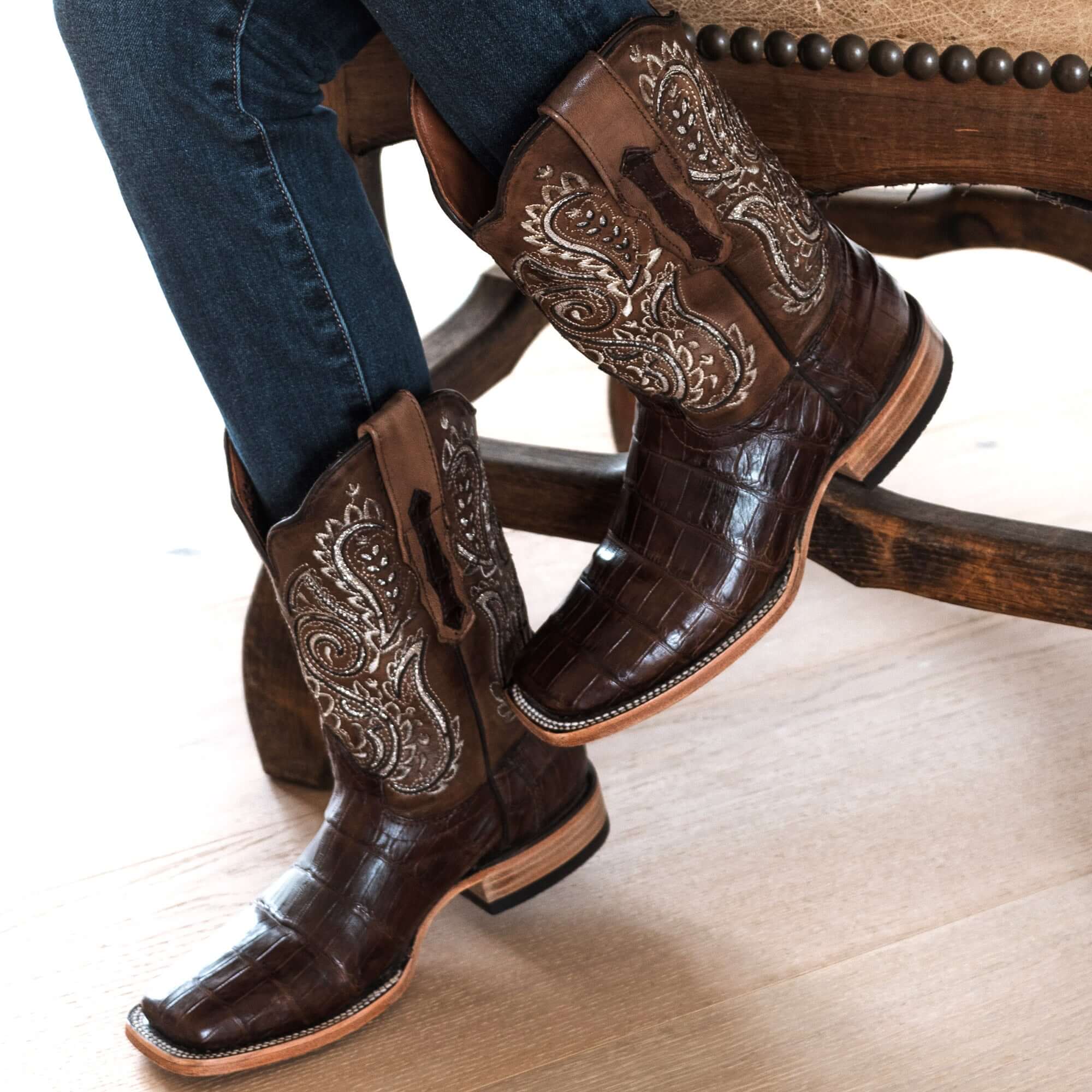 Womens Brown American Alligator Belly Tail Western Square Toe Boots with Decorative Top by Vaccari