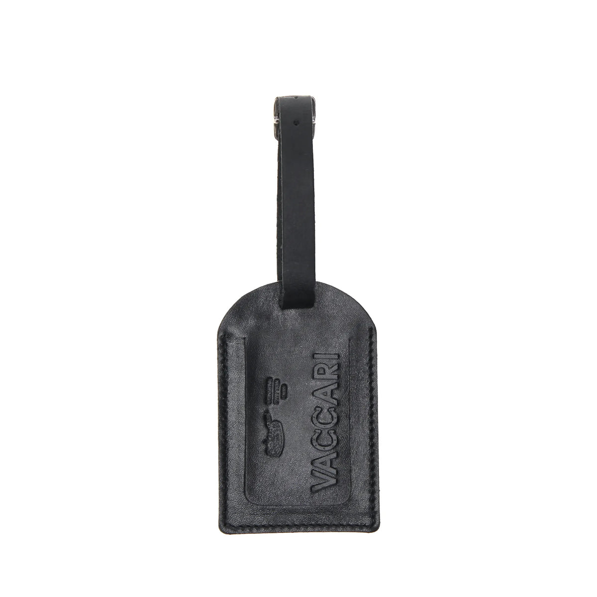 Black textured luggage tag with hanging strap, embossed badge detail