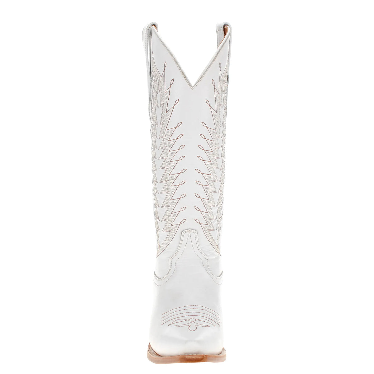 White cowboy boot front view with embroidered shafts and tan wood heel