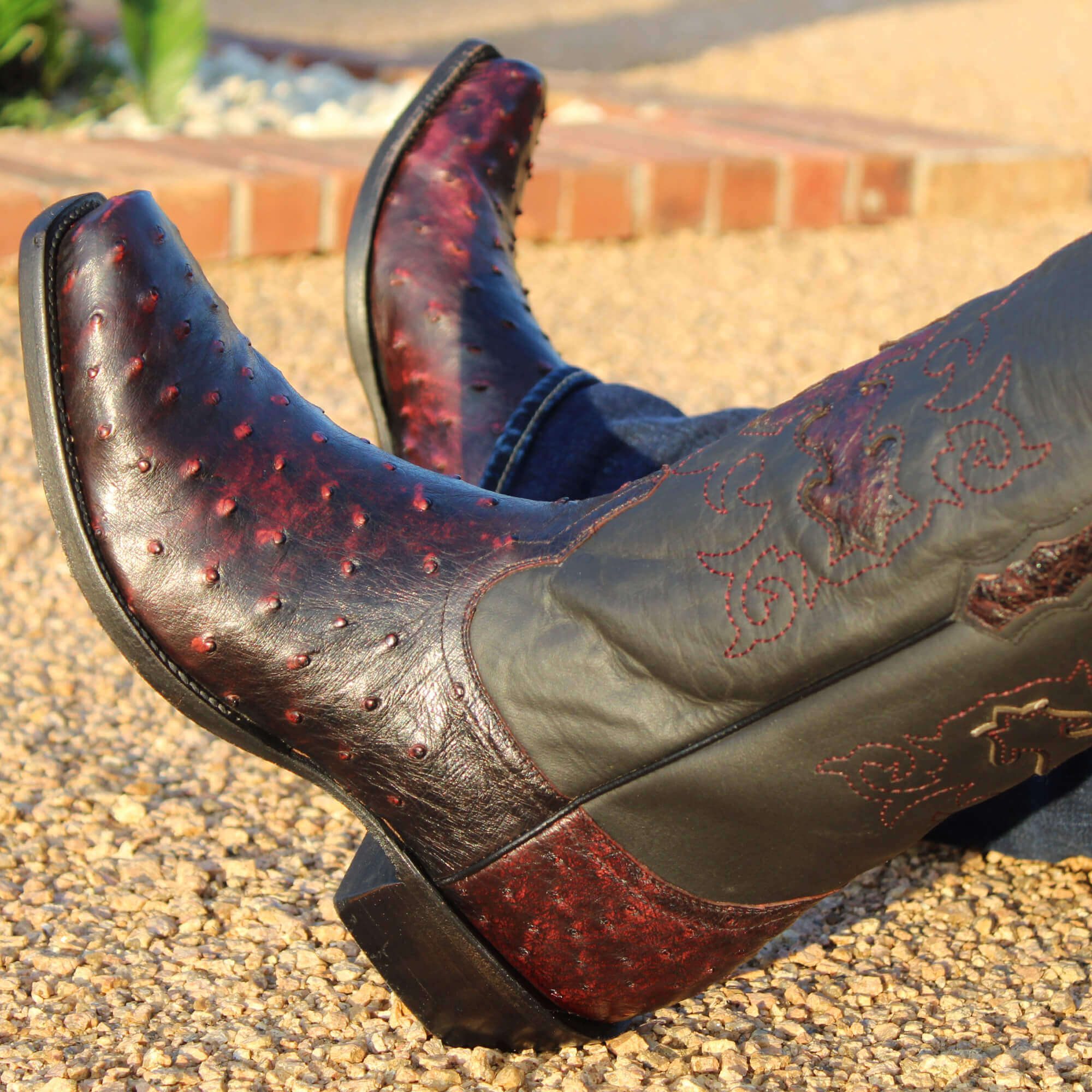Mens black cherry leather western boots with narrow square toe and decorative stitching, featuring full-quill ostrich leather on the foot for added texture.