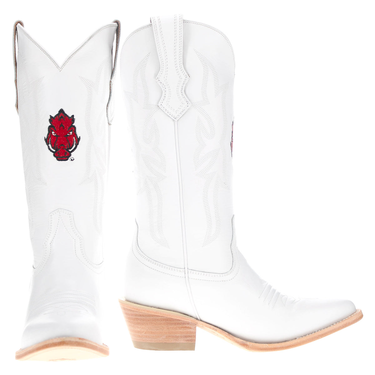 Pair of white cowboy boots, red mascot logos, western stitching, tan block heels