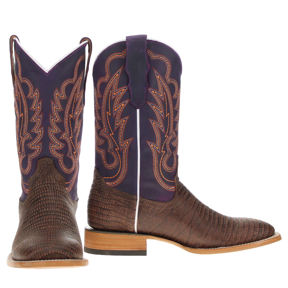 Pair of cowboy boots: dark purple uppers with orange embroidery and brown toe panels.