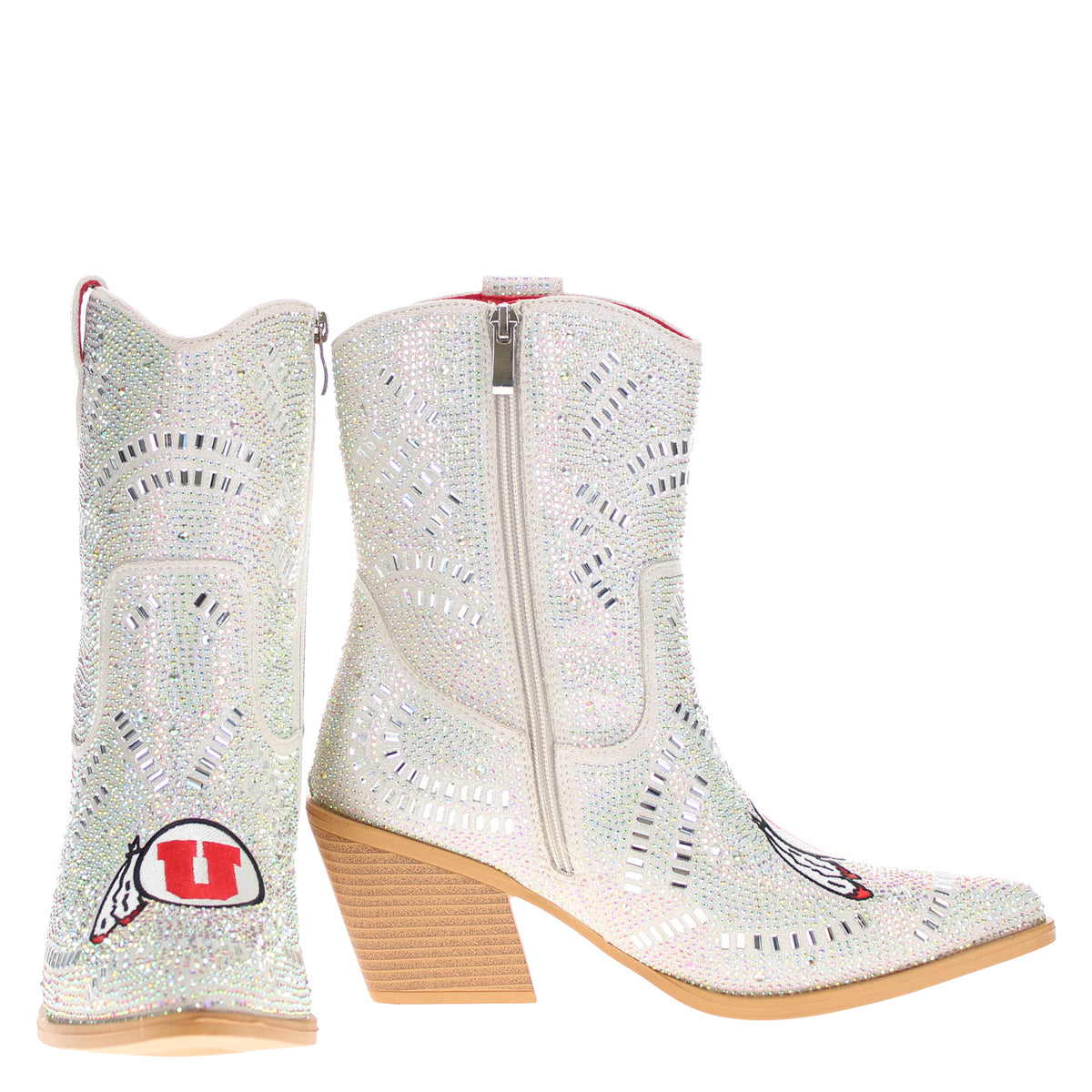 Pair of rhinestone cowboy boots with side zipper, tan block heel and logo detail