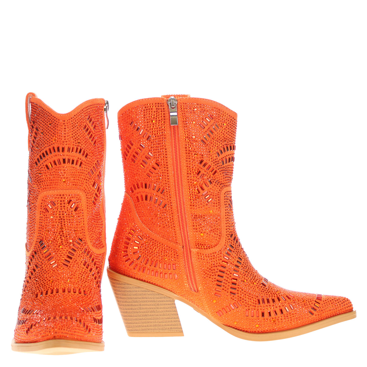 Pair of orange knit cowboy boots with pointed toe, back zipper, and stacked heels