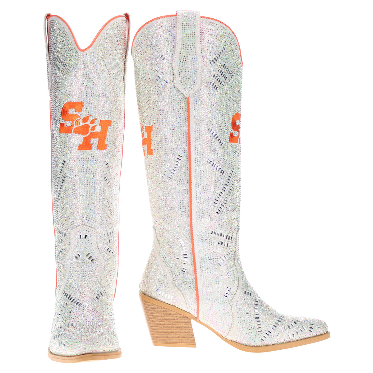 Rhinestone knee-high cowboy boots, side view, with orange trim and block heel.